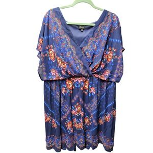 ehaya Women Navy Blue Floral Print V Neck Short Sleeve   Midi Dress Plus